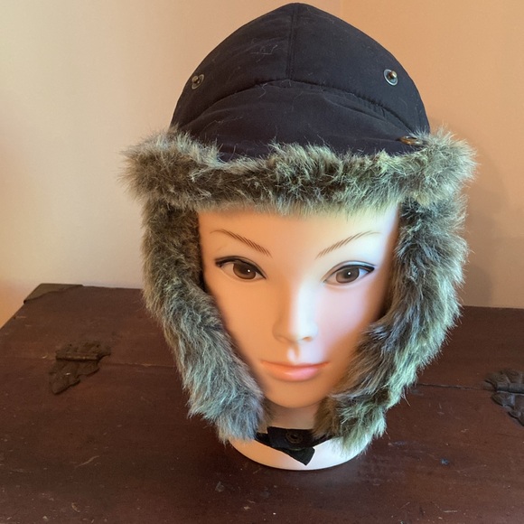 Eddie Bauer Trapper Hat Faux Fur Down Feather Black Quilted Unisex Size S/M - Picture 9 of 17